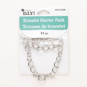 Bracelet starter kit, steel, pkg/1, 6mm 21-gauge open jump rings and 8mm curb chain, silver finish.