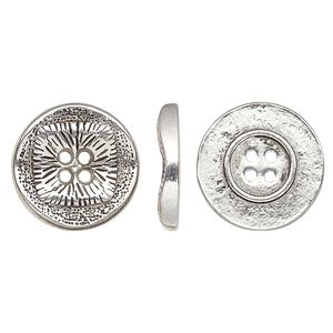 Button, antiqued silver-finished "pewter" (zinc-based alloy), 17mm single-sided wavy flat round with textured square design. Sold per pkg of 20.