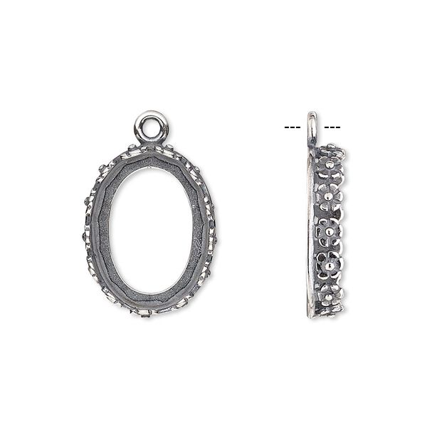 Drop, JBB Findings, antique silver-plated brass, 18x14mm oval with open back and flower design trim, 16x12mm oval bezel setting. Sold per pkg of 2. image number 0