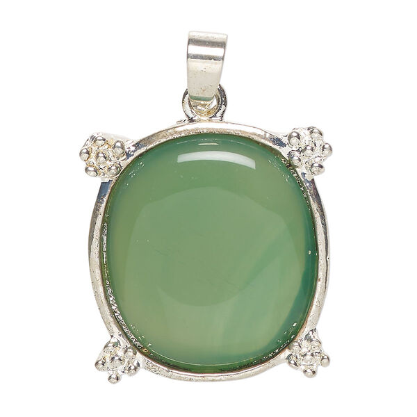 Pendant, "pewter" (zinc-based alloy) and green agate, pkg/1, 28x16mm oval, silver finish. image number 0