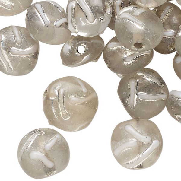 Bead, lampworked glass, translucent light grey and silver, 12mm puffed flat round with swirl design. Sold per 2-ounce pkg, approximately 35 beads. image number 0