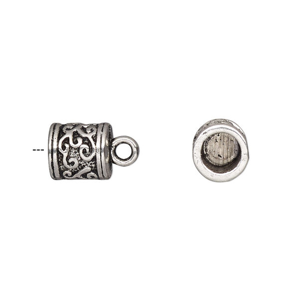 Cord end, glue-in, antique silver-finished "pewter" (zinc-based alloy), 9x8mm fancy barrel, 5.5mm inside diameter. Sold per pkg of 4. image number 0