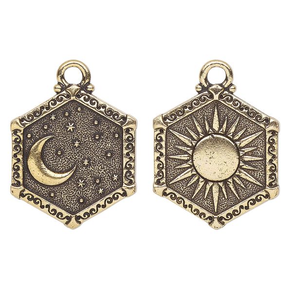 Charm, TierraCast®, "Celestial" collection, antique gold-plated pewter (tin-based alloy), 24.5x21.5mm 2-sided hexagon with sun and moon design. Sold individually. image number 0