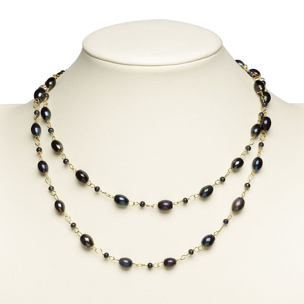 Necklace, glass and gold-finished brass, rainbow black, 38-inch continuous loop. Sold individually. image number 0