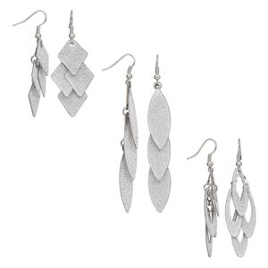 Earring mix, stainless steel / silver-plated brass / steel / stainless steel, 2-1/4 to 3-1/2 inch stardust mixed shape with fishhook ear wire. Sold per pkg of 3 pairs.