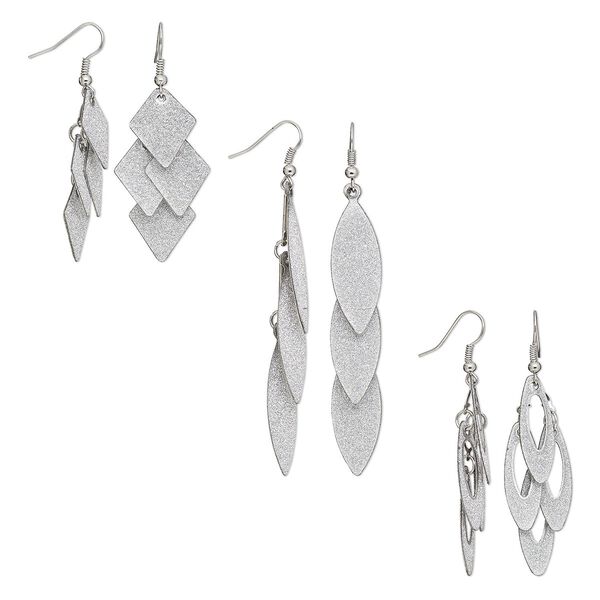 Earring mix, stainless steel / silver-plated brass / steel / stainless steel, 2-1/4 to 3-1/2 inch stardust mixed shape with fishhook ear wire. Sold per pkg of 3 pairs. image number 0