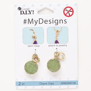 Drop, steel / brass / druzy agate (dyed), pkg/2, gold finish and light green, 19x15mm round with snap lock bail.