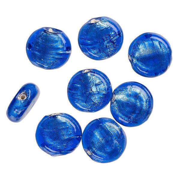 Bead, lampworked glass, opaque cobalt blue, 15x8mm-13x6mm flat round with silver-colored foil. Sold per pkg of 8. image number 0