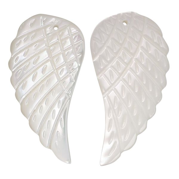 Focal, trochus shell (natural), 36x20mm-40x24mm single-sided hand-cut left- and right-facing carved wing, Mohs hardness 3-1/2. Sold per pkg of 2. image number 0