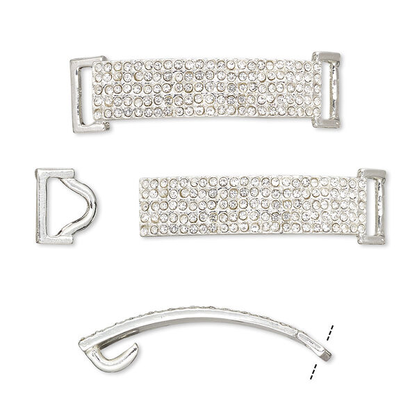 Clasp, hook-and-eye, glass rhinestone and silver-finished "pewter" (zinc-based alloy), clear, 49x13mm single-sided curved rectangle, 10x3.5mm inside diameter. Sold per 2-piece set. image number 0