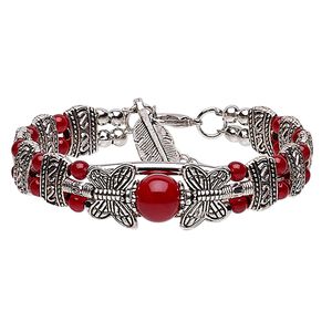Bracelet, 2-strand, glass / silver- / antique silver-plated steel / "pewter" (zinc-based alloy), red, 14mm wide with butterfly and 24x8mm feather dangle, 6-1/2 inches with 1-inch extender chain and lobster claw clasp. Sold individually.