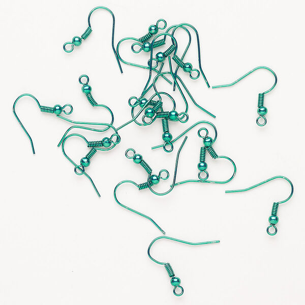 Ear wire, anodized steel, pkg/10 pairs, 18mm fishhook with open loop / 3mm ball / 3.5mm coil, 22 gauge, green. image number 0