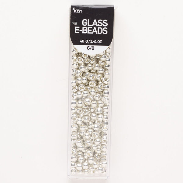 Seed bead, glass, pkg/40g, #6 round, opaque silver. image number 0