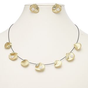 Necklace and earring set, plastic pearl / stainless steel / gold-finished steel / "pewter" (zinc-based alloy), black and white, freeform with flower, 18-inch necklace with 2-inch extender chain and lobster claw clasp, 18x17mm freeform with post. Sold per set.