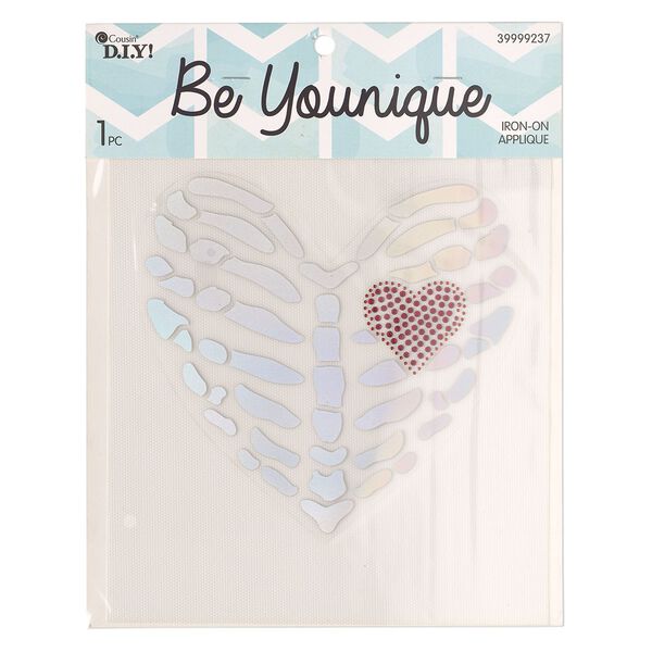 Vinyl / acrylic rhinestone 1pkg1, skeleton heart iron-on transfer silver / red 7x6.5 inch image number 0