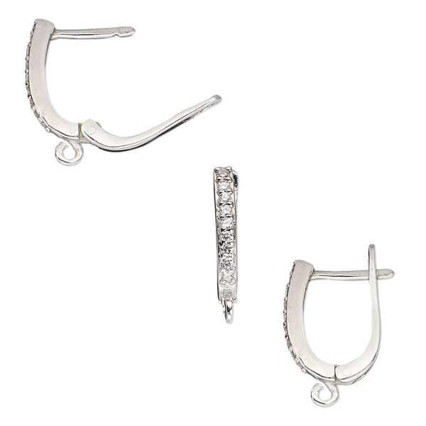 Earring, sterling silver and cubic zirconia, clear, 12mm oval with open loop and latch-back closure. Sold per pair. image number 0