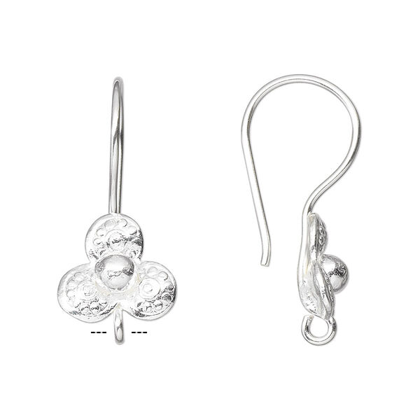 Ear wire, Hill Tribes, fine silver, 27x11mm with 3-petal flower and loop. Sold per pair. image number 0