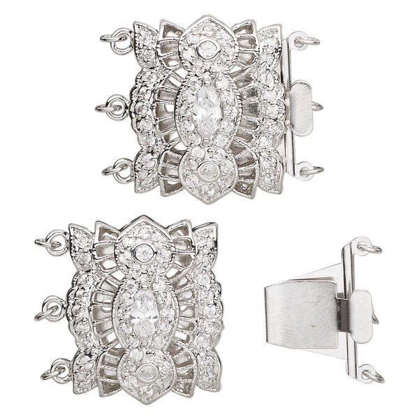 Clasp, 3-strand tab, cubic zirconia and rhodium-plated brass, clear, 27x22mm Victorian-style rectangle. Sold individually. image number 0
