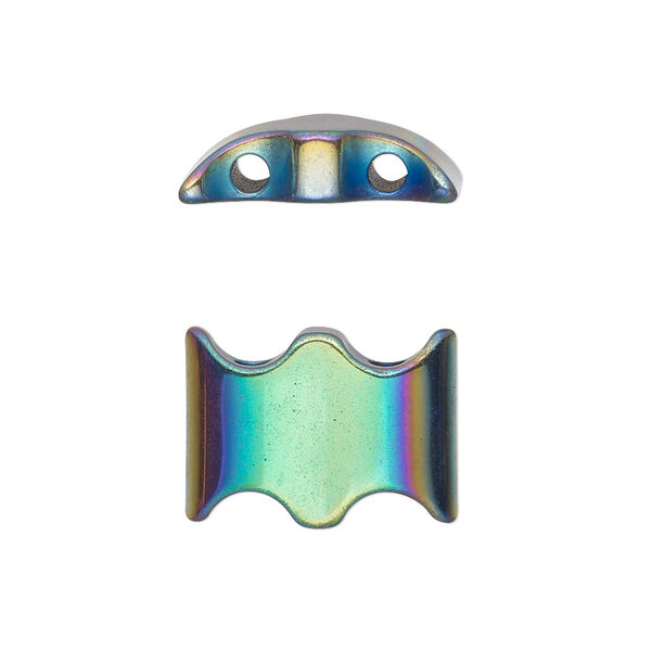Spacer, electroplated Hemalyke™ (man-made), rainbow, 18.5x13mm double-drilled flat half lantern, fits up to 7mm beads. Sold per pkg of 4. image number 0