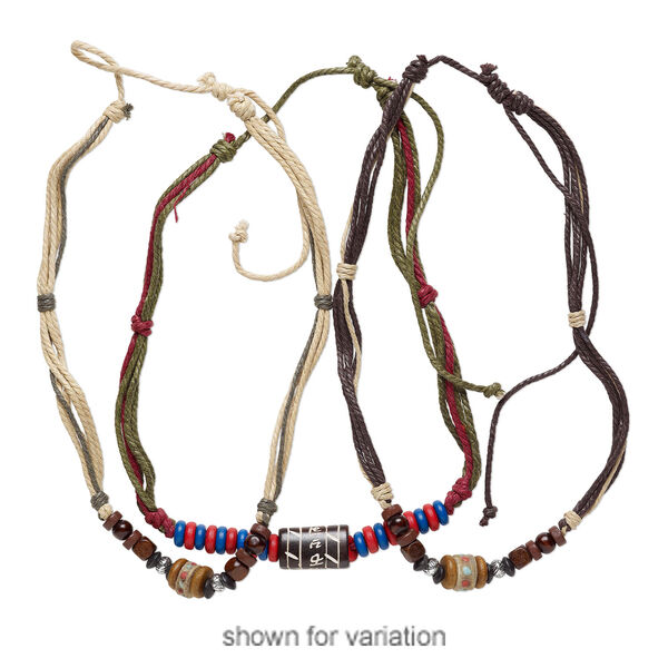 Necklace mix, cotton / bone / wood (dyed), multicolored, 8x3mm-25x14mm multi-shape, adjustable from 18-28 inches with macramé knot. Sold per pkg of 3. image number 2