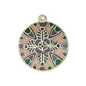 Drop, enamel and gold-finished brass, multicolored, 25-26mm single-sided flat round with leaf design. Sold per pkg of 2.