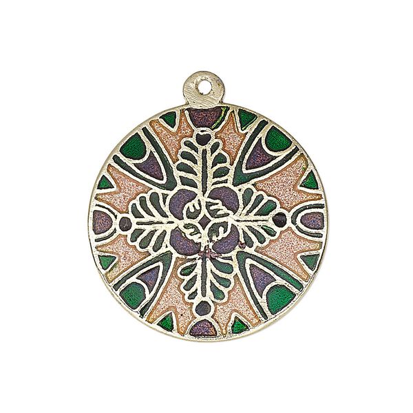 Drop, enamel and gold-finished brass, multicolored, 25-26mm single-sided flat round with leaf design. Sold per pkg of 2. image number 0