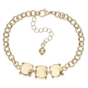 Bracelet, gold-finished brass, 12mm wide cupchain with (3) 12mm 4-prong rivoli settings and 6mm rolo, 7 inches with 2-inch extender chain and lobster claw clasp. Sold individually.