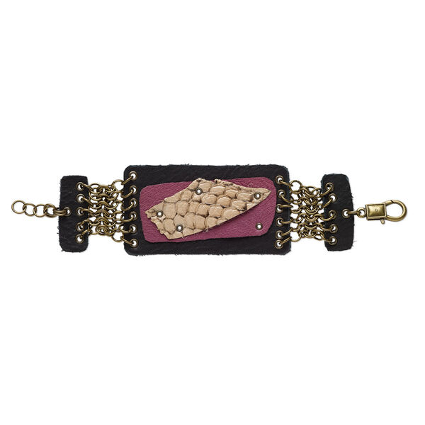 Bracelet, One of a Kind Jewelry, antique gold-plated brass / antique gold-finished "pewter" (zinc-based alloy) / leather, black / brown / purple, 7-1/2 inches. Only one available. image number 0