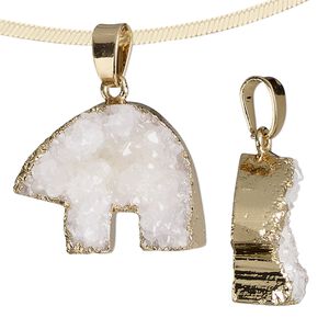 Pendant, druzy agate (natural) / gold-finished brass / steel, white, 24x18mm-27x25mm hand-cut single-sided zuni-style bear. Sold individually.