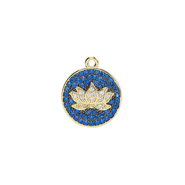 Drop, cubic zirconia and gold-finished brass, blue and clear, 14.5mm single-sided round with lotus flower design. Sold individually. image number 0