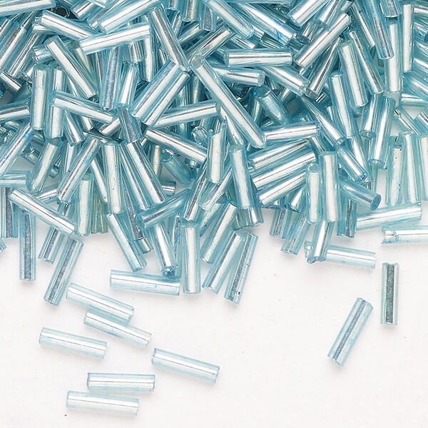 Bead, Ming Tree™, bugle bead, glass, pkg/1/4 pound, 1/4 inch, silver-lined translucent turquoise blue. image number 0