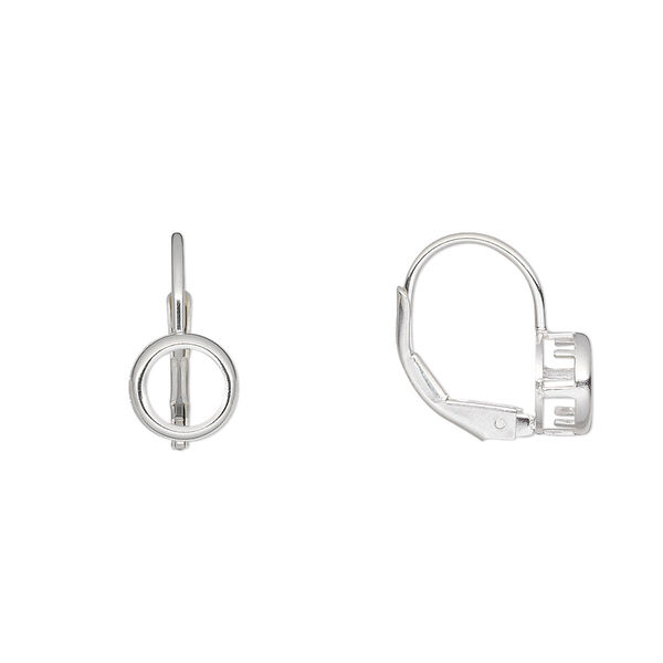 Ear wire, Bezelite, sterling silver, 14.5mm leverback with 6mm 4-prong round setting. Sold per pair. image number 0