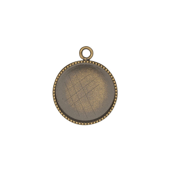 Drop, antiqued brass, 16mm round with beaded edge and 15mm round bezel cup setting. Sold per pkg of 6. image number 0