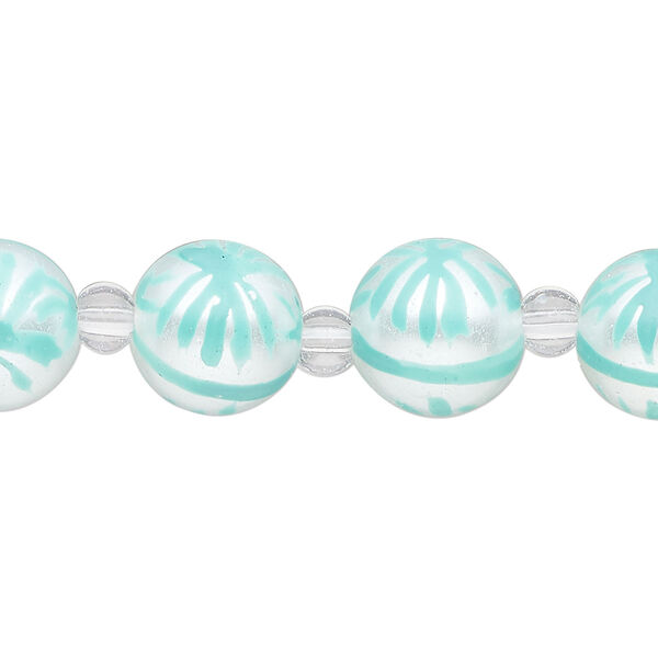 Bead, glass 1pkg8, opaque white and seafoam green, 12mm hand-painted round. image number 0