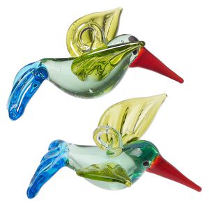 Focal, lampworked glass, multicolored, 38x28mm hummingbird. Sold individually.