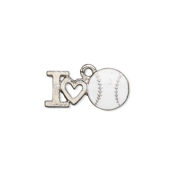 Charm, enamel and nickel-plated pewter (tin-based alloy), white, 21x10.5mm single-sided "I heart baseball." Sold individually. image number 0