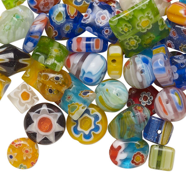 Bead mix, millefiori glass, opaque to transparent multicolored, 6-12mm mixed shapes. Sold per 2-ounce pkg, approximately 100 beads. image number 0
