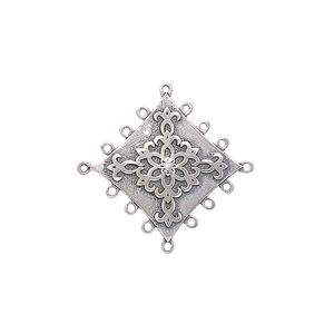 Drop, antiqued sterling silver, pkg/1, 17x17mm single-sided flat square with flower design.