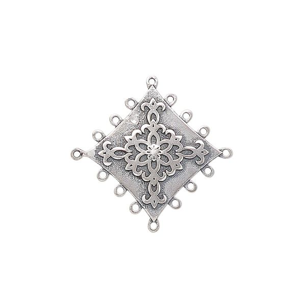 Drop, antiqued sterling silver, pkg/1, 17x17mm single-sided flat square with flower design. image number 0