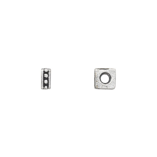 Bead, antique silver-plated white brass, 6x3mm beaded square rondelle with bordered dots and 2mm hole. Sold per pkg of 10. image number 0
