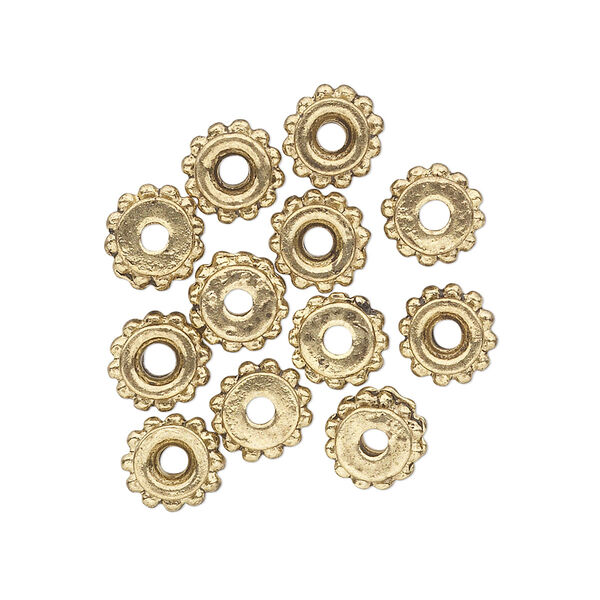 Bead, antique gold-finished "pewter" (zinc-based alloy), 8x5mm studded beaded rondelle with flat side. Sold per pkg of 12. image number 0