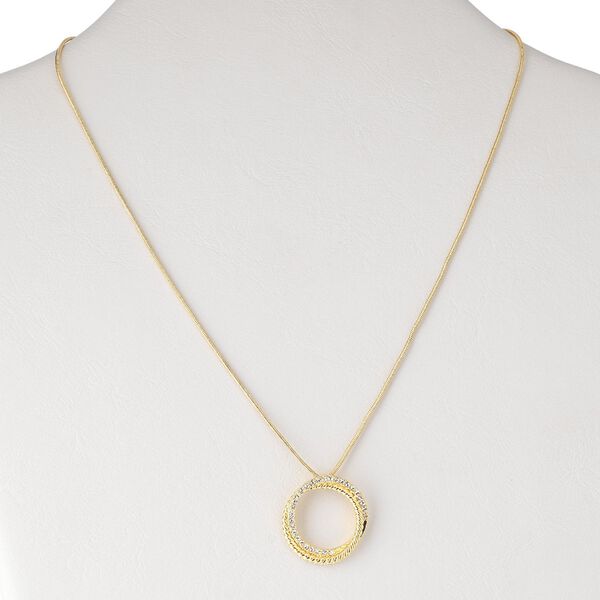 Necklace, gold-finished pewter (tin-based alloy) and glass rhinestone, clear, 27x26mm double ring pendant, 18-inch snake chain with lobster claw clasp. Sold individually. image number 0