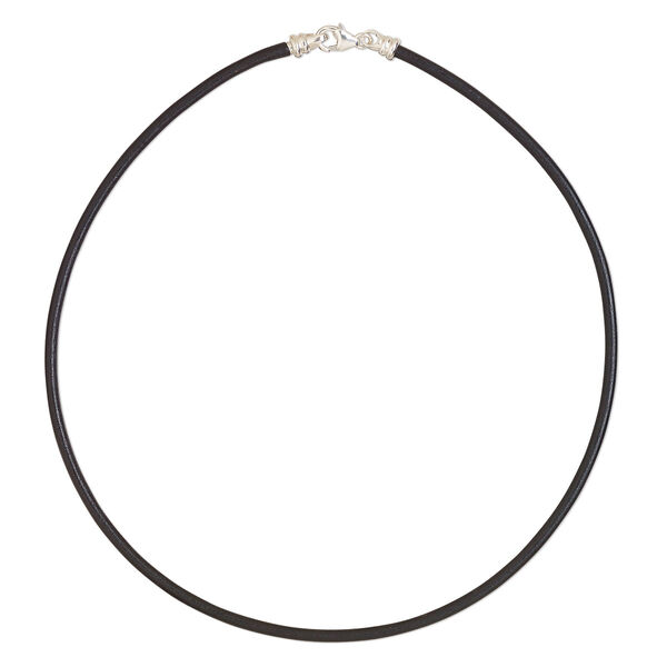 Necklace cord, Dione®, leather (dyed) and sterling silver, black, 3mm round with twist off end, 16-inches with lobster claw clasp. Sold individually. image number 0