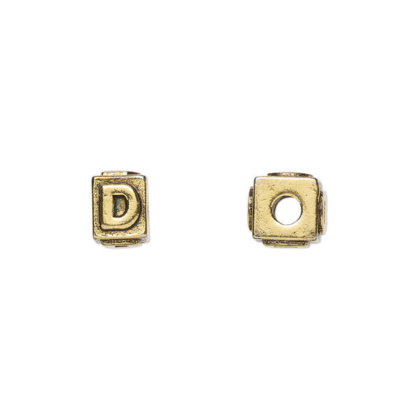 Bead, antique gold-plated pewter (tin-based alloy), 8x6mm rectangle with alphabet letter "D." Sold per pkg of 4. image number 0