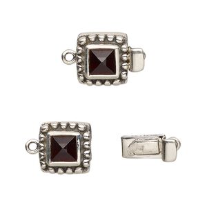 Clasp tab 1pkg1 sterling silver / garnet (natural), 11mm square / 6mm domed square cab, antiqued 1-strand