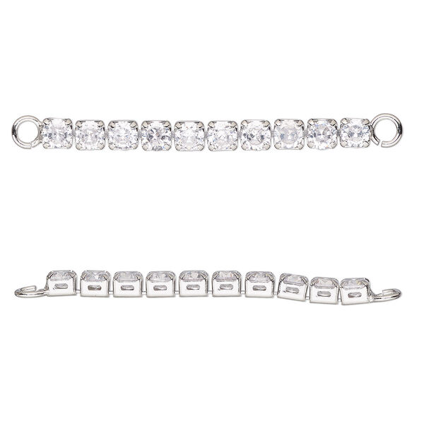 Link, cubic zirconia and silver-finished brass, clear, 35x3mm single-sided cupchain. Sold individually. image number 0