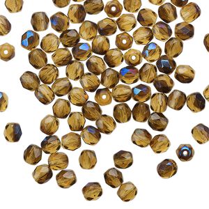 Bead 1pkg100 Czech fire-polished glass, 4mm faceted round, mixed half-coated blue iris honey