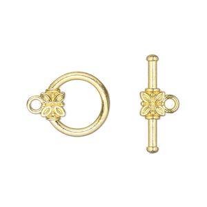 Clasp toggle 1pkg10 "pewter" (zinc alloy), 14mm round, gold-finished 1-strand