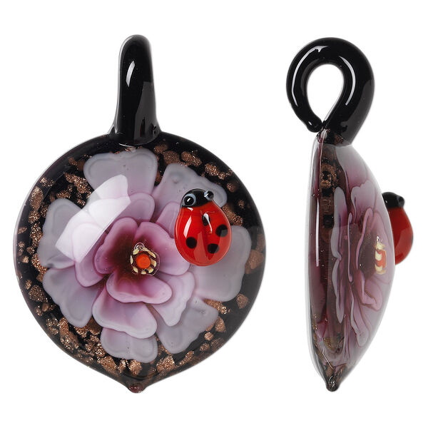 Pendant, lampworked glass, pink and multicolored with copper-colored foil, 50x34mm single-sided domed round with flower and ladybug design. Sold individually. image number 0