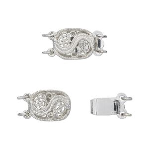 Clasp tab 1pkg4 silver-plated, 12x9mm filigree oval, brass antique 2-strand